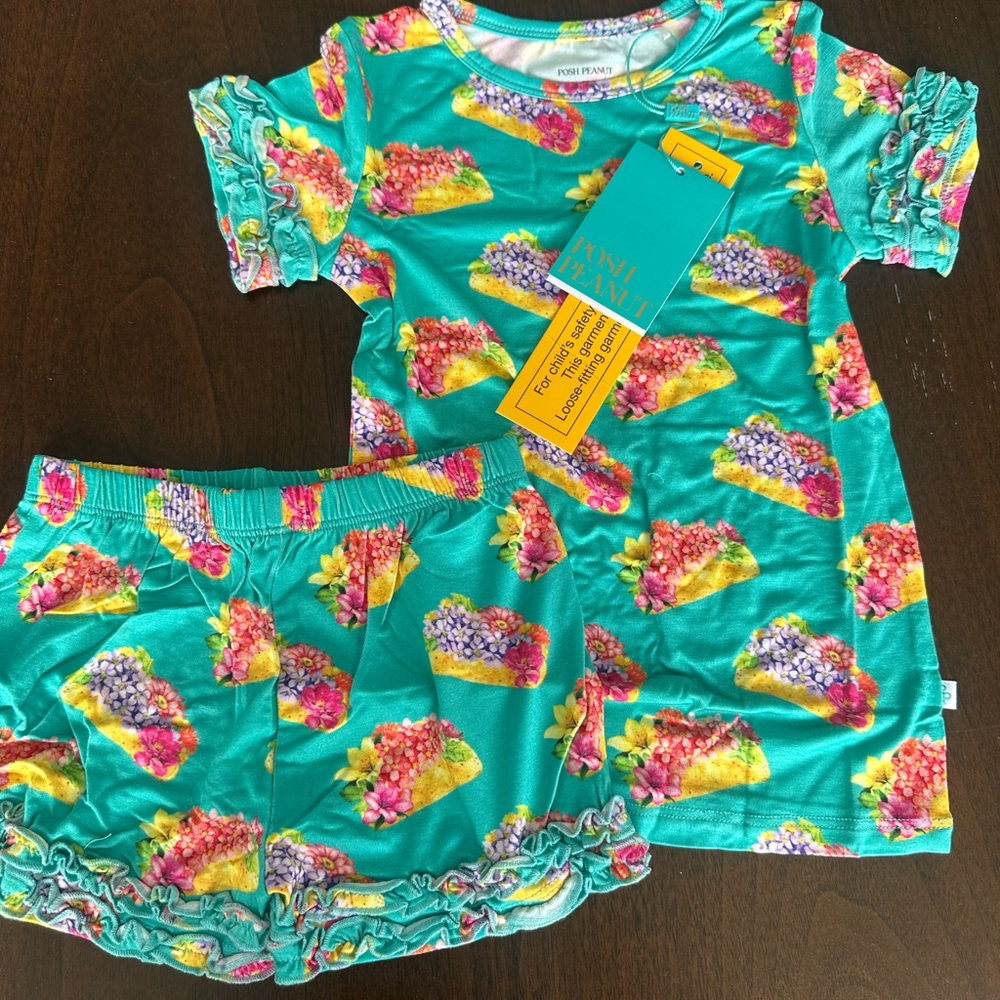 Posh Peanut Teal Tropical Taco Ruffle Short Set